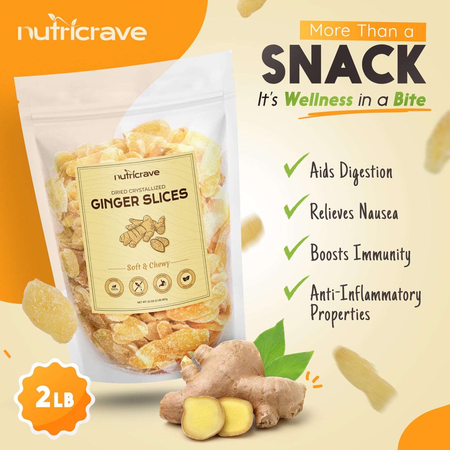 Crystallized Ginger Slices - Candied Ginger Snack For Baking & Digestive Support - Vegan, Non-Gmo, Resealable 2Lb Bag