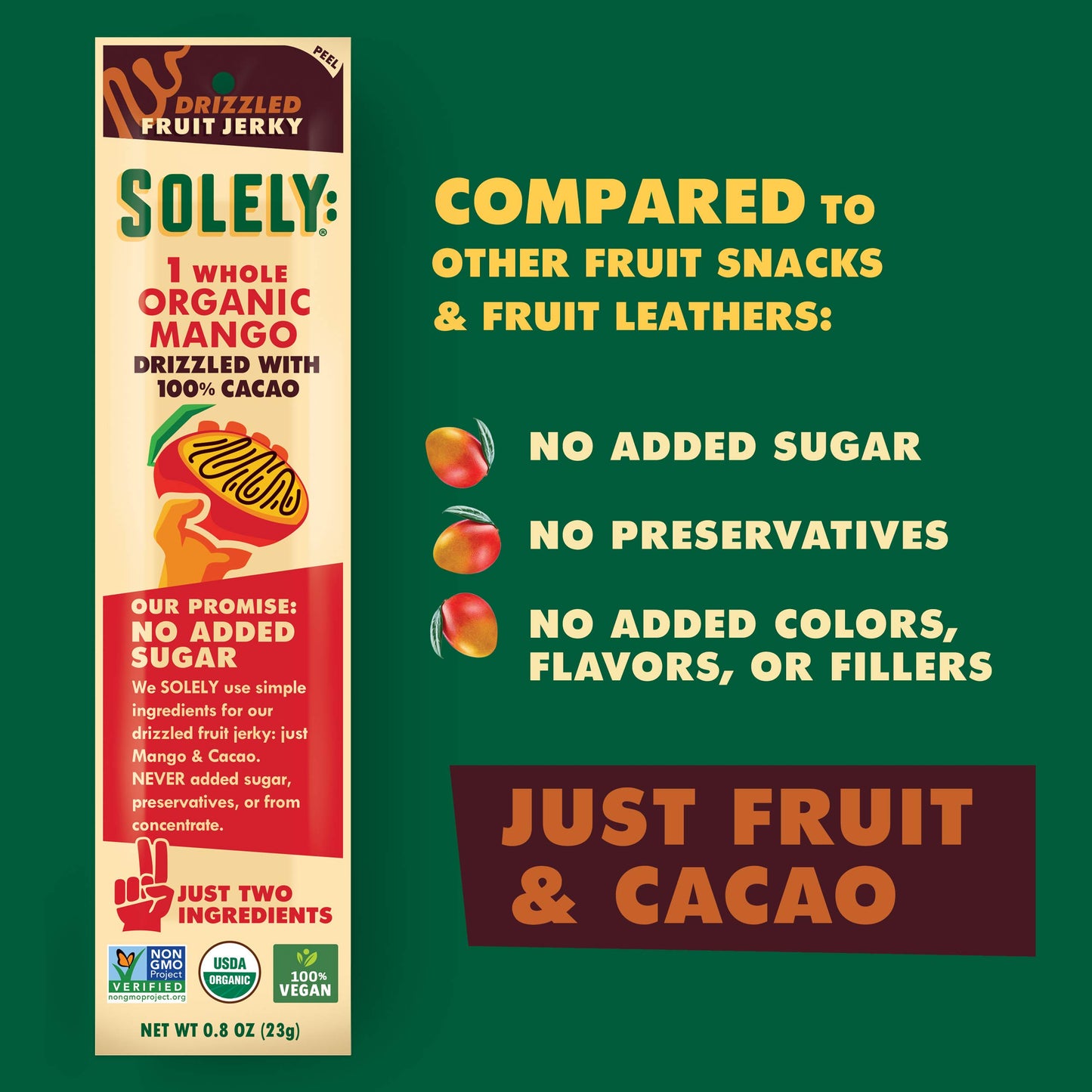 SOLELY Organic Mango Chocolate Drizzled Fruit Jerky - Vegan Fruit Strip - 0.8oz (Pack of 1)