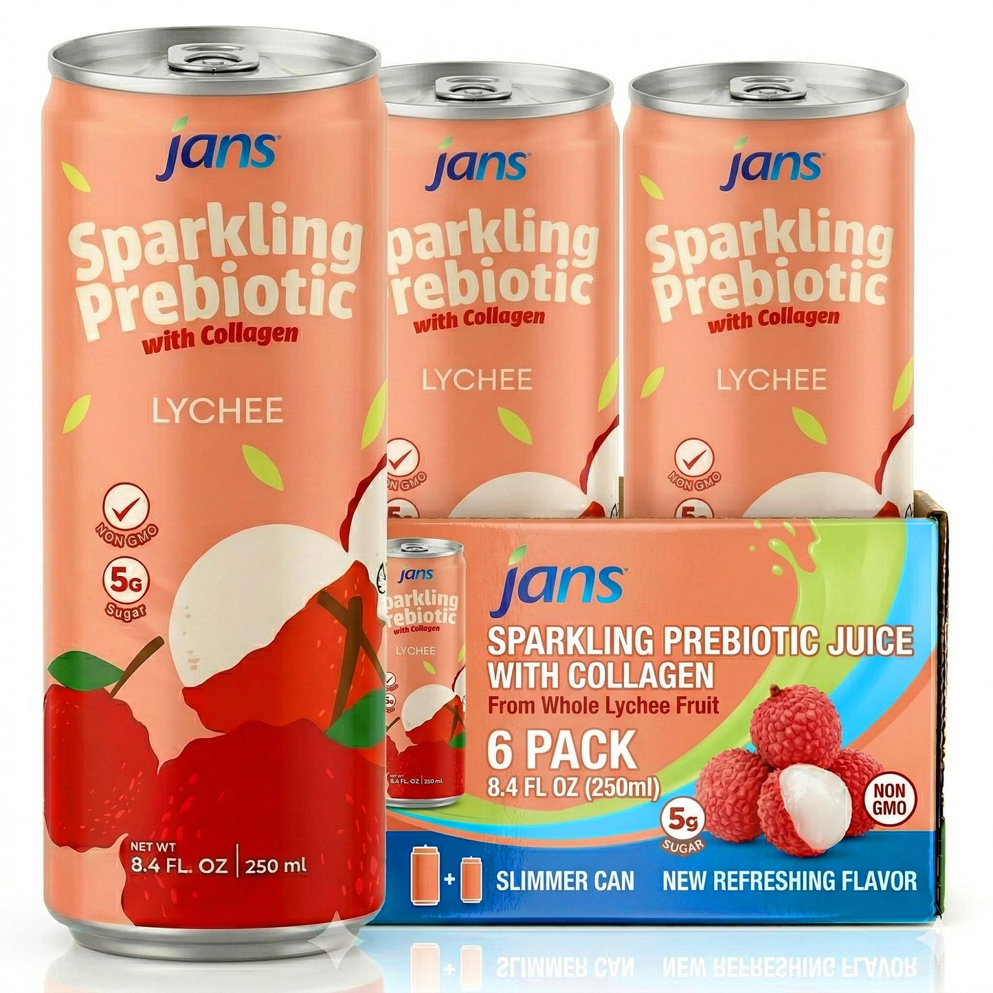 Jans Sparkling Prebiotic with Collagen Soda Beverage - Lychee 8.4 Fl Oz (6-Pack) - Low Calorie, NO Added Sugar, Non-GMO Sparklin
