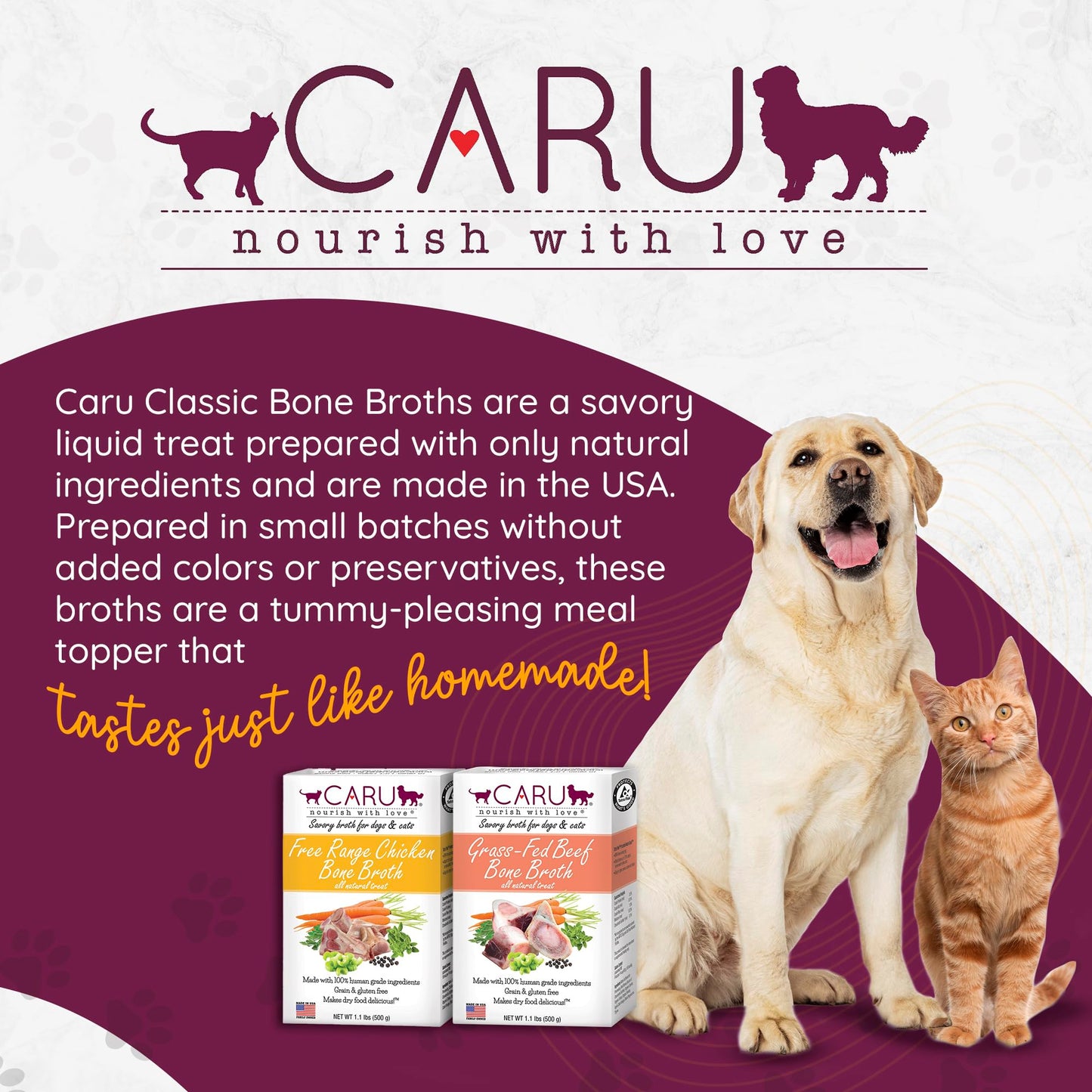 Caru Free Range Chicken Bone Broth For Dogs And Cats Moistens Dry Food Or Pour Over Freeze Dried Raw Food Grain And Gluten Free Non-Gmo Ingredients (1.1 Lbs)