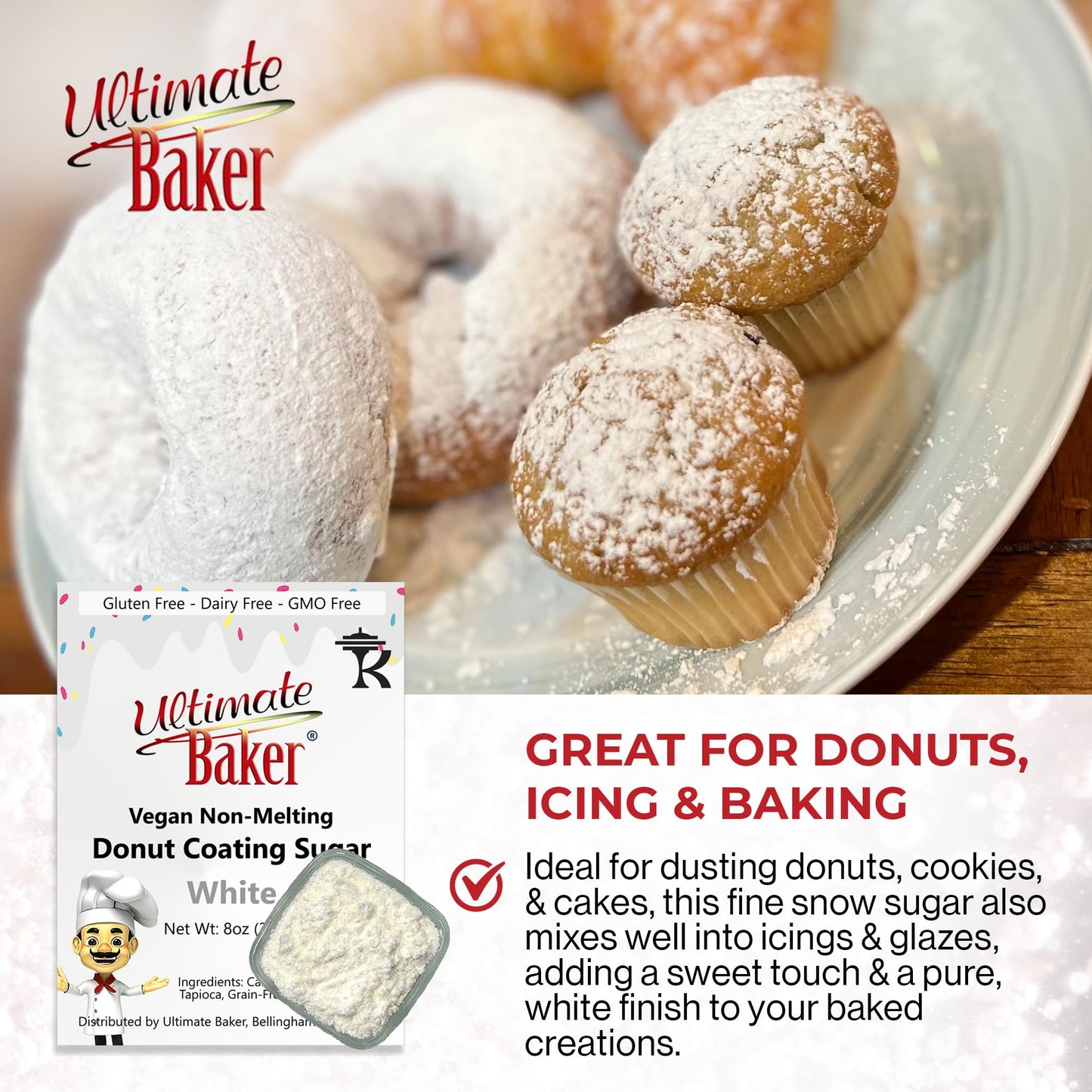Ultimate Baker Vegan Non-Melting White Donut Sugar - 8oz All Natural Dusting Sugar for Icing & Baking