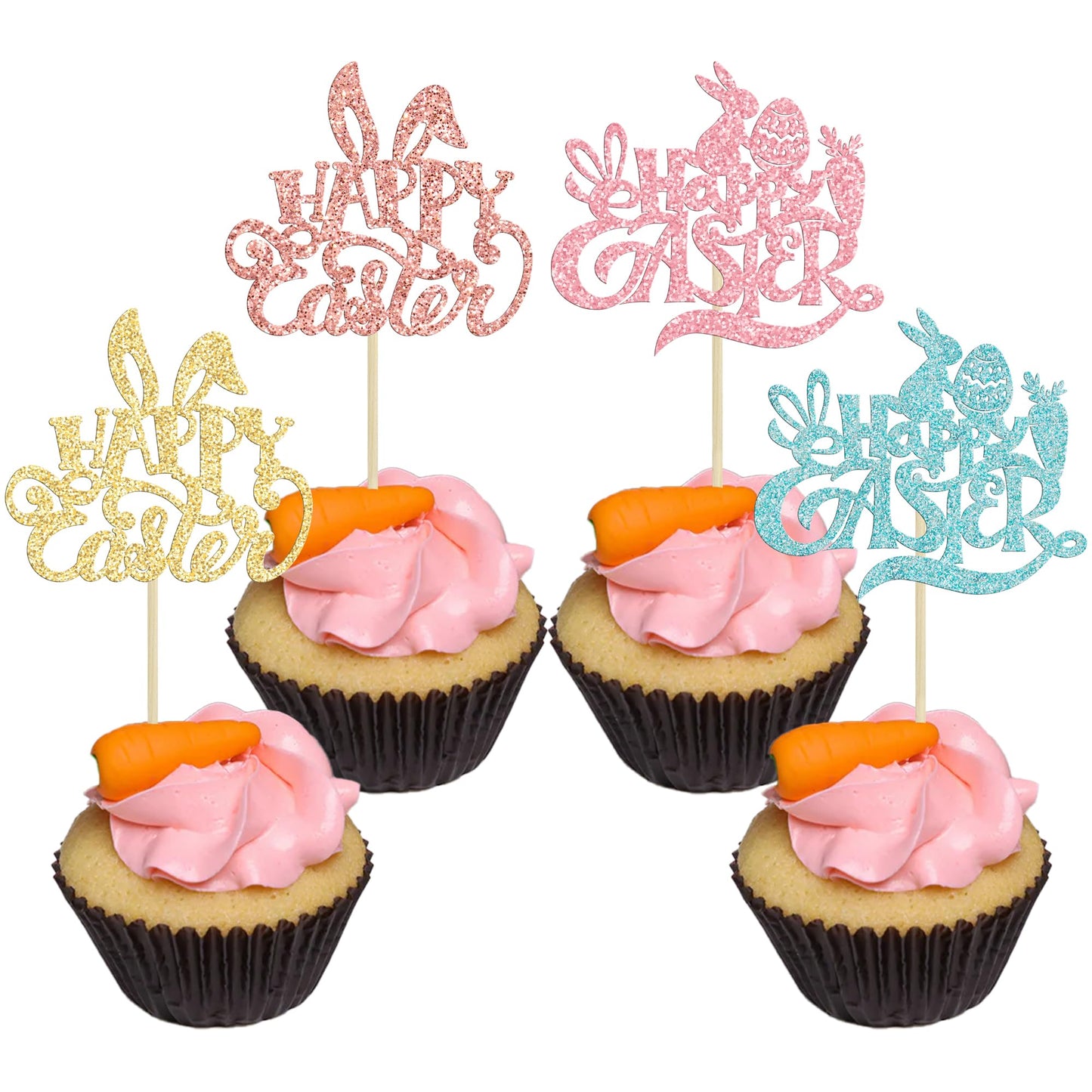 Gyufise 24 Pack Happy Easter Cupcake Toppers Glitter Rabbit Bunny Cupcake Pick Decorations For Happy Easter Spring Themed Baby Shower Kids Birthday Cake Decoration Party Supplies Multi