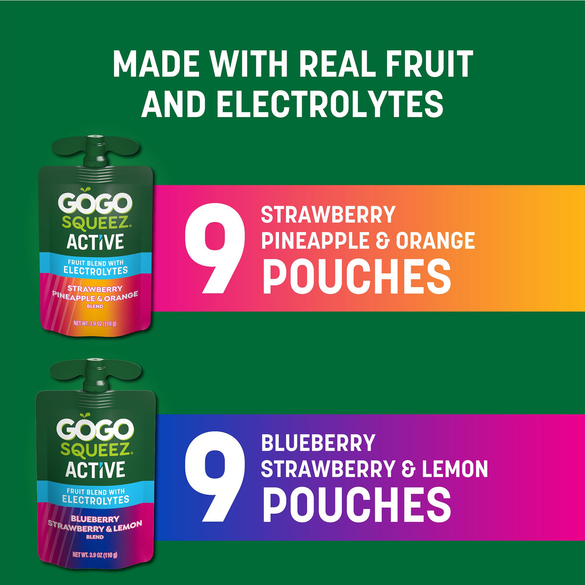 GoGo squeeZ Active Fruit Blend with Electrolytes | 18-Count Variety Pack | Blueberry Strawberry Lemon & Strawberry Pineapple Ora