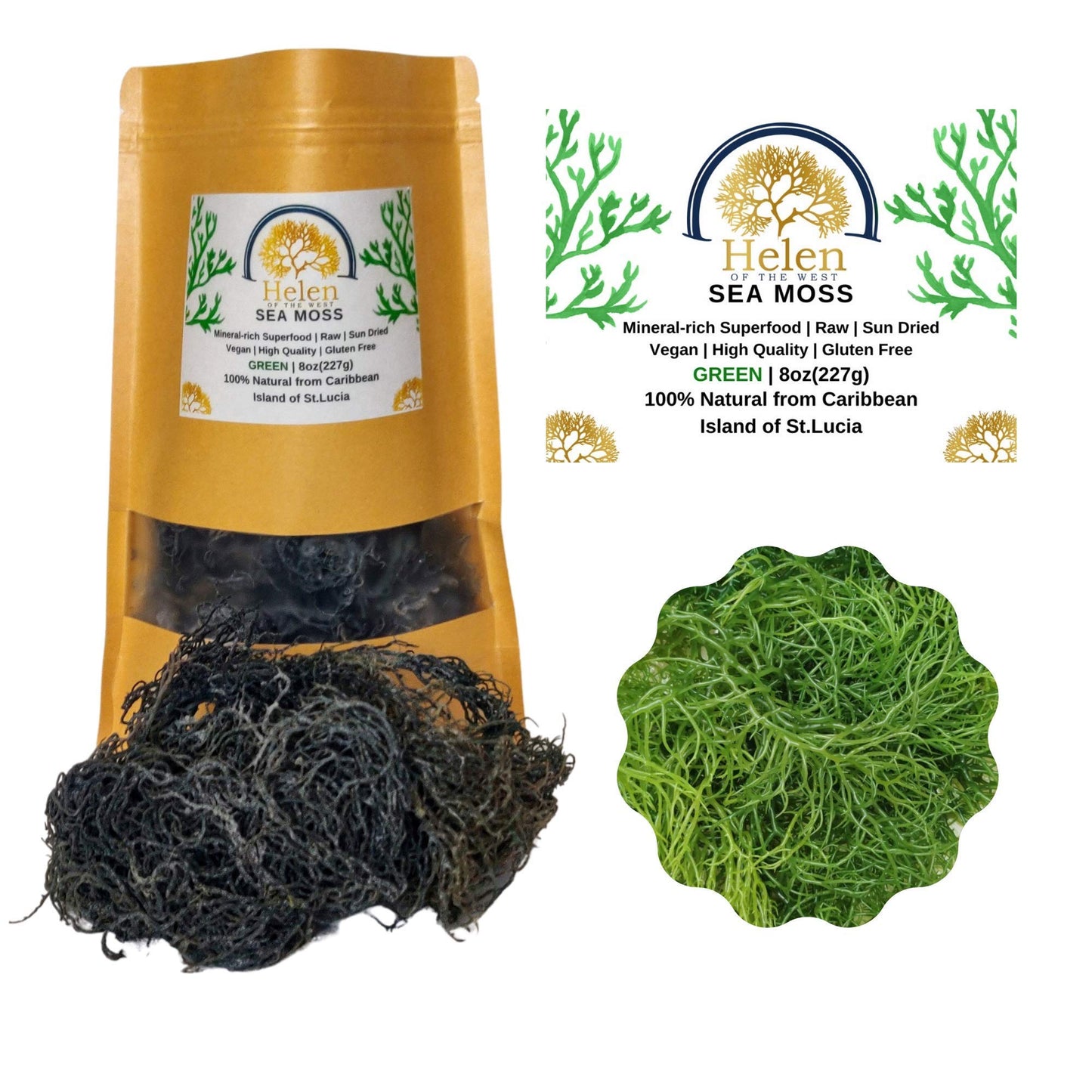 Helen of the West Wildcrafted Sea Moss - 100% Natural Irish Moss, 8oz, Gold Color