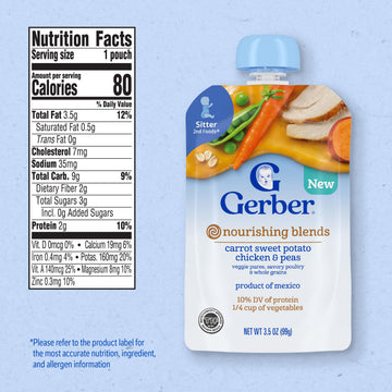 Gerber Stage 2 Baby Food, Baby Food Pouches, Carrot Sweet Potato Chicken & Peas, Nourishing Blends, No Artificial Flavors Or Colors, 12-Pack