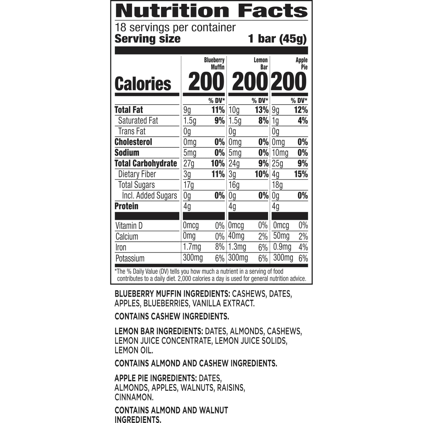 Larabar Variety Pack Blueberry Muffin Lemon Bar Apple Pie Fruit & Nut Bars 18 ct