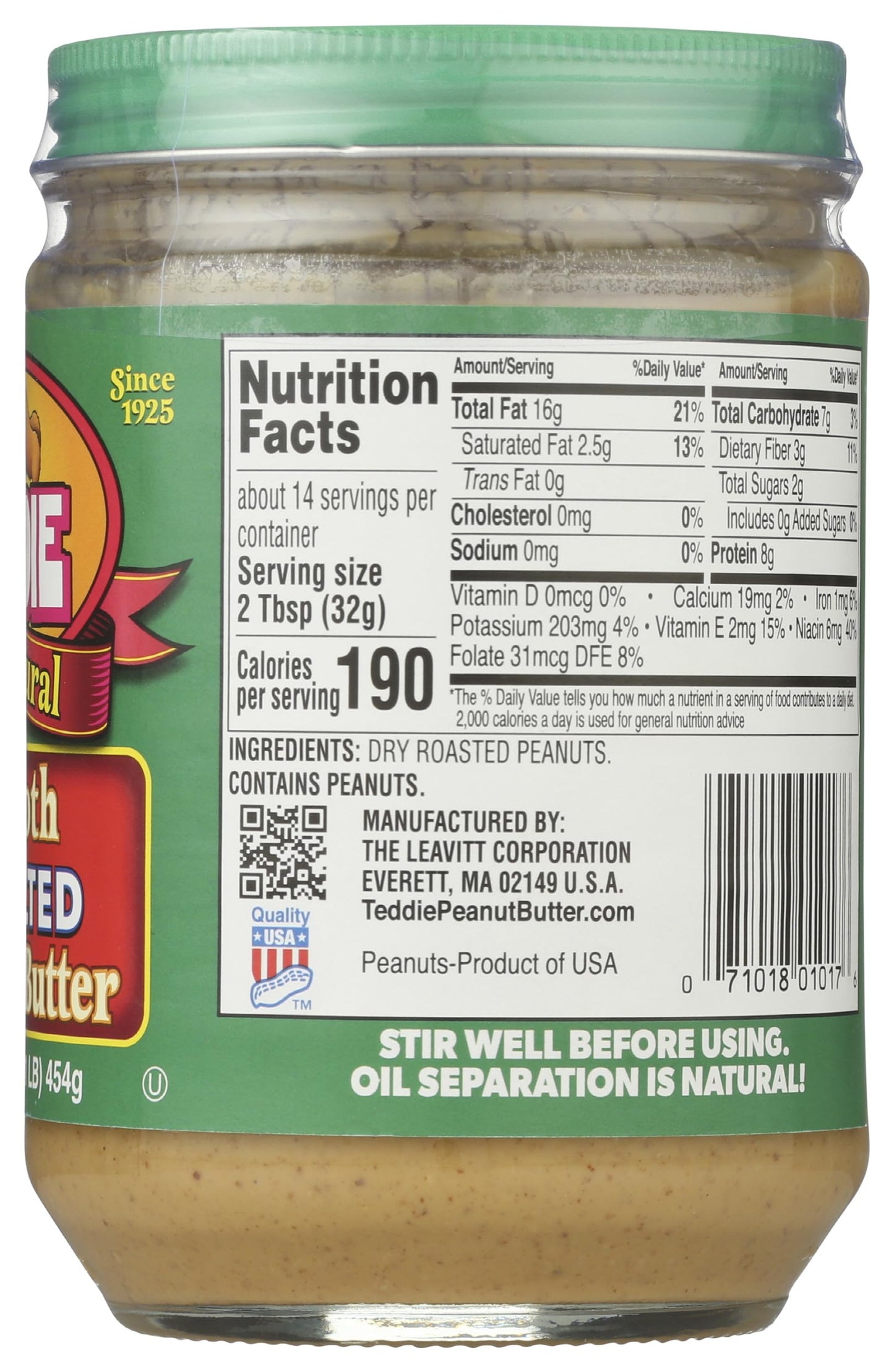 Teddie All Natural Peanut Butter, Smooth Unsalted, Gluten Free & Vegan, 16 Ounce Glass (Smooth Unsalted, Pack of 1)