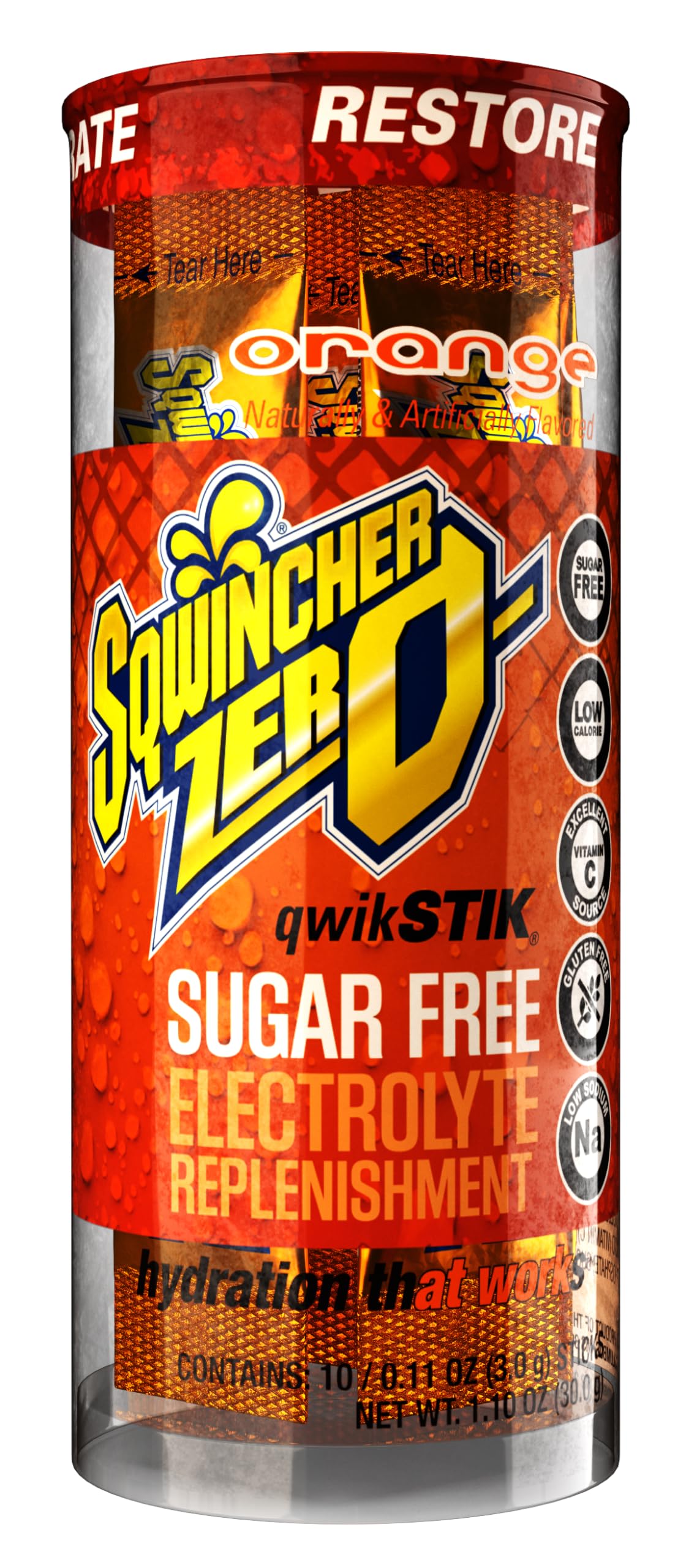Sqwincher Zero Qwik Stik, Sugar Free, Low Calorie, Low Sodium Electrolyte Replacement Powder Hydration Drink Mix, Orange, 0.11 o
