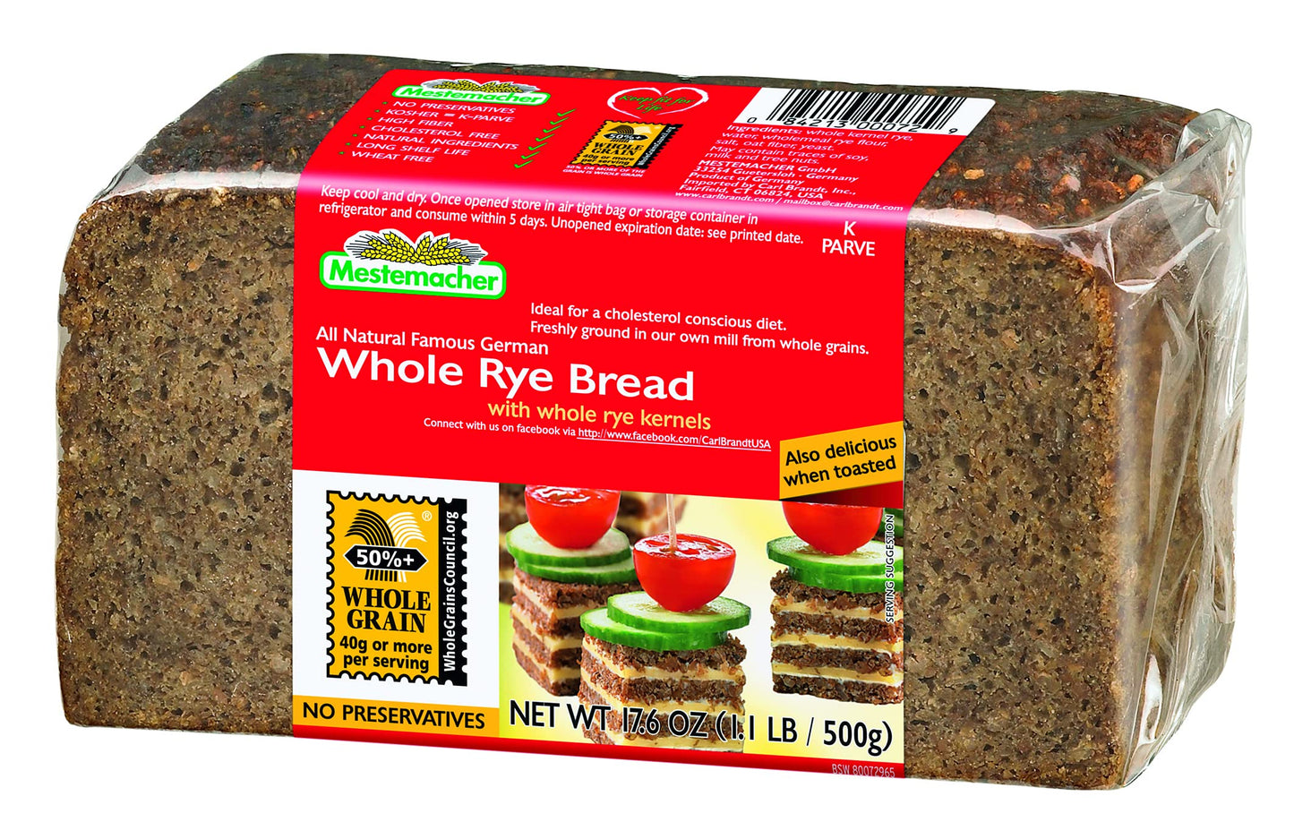Mestemacher Whole Grain Bread (Whole Rye, 17.6 oz, pack of 6)