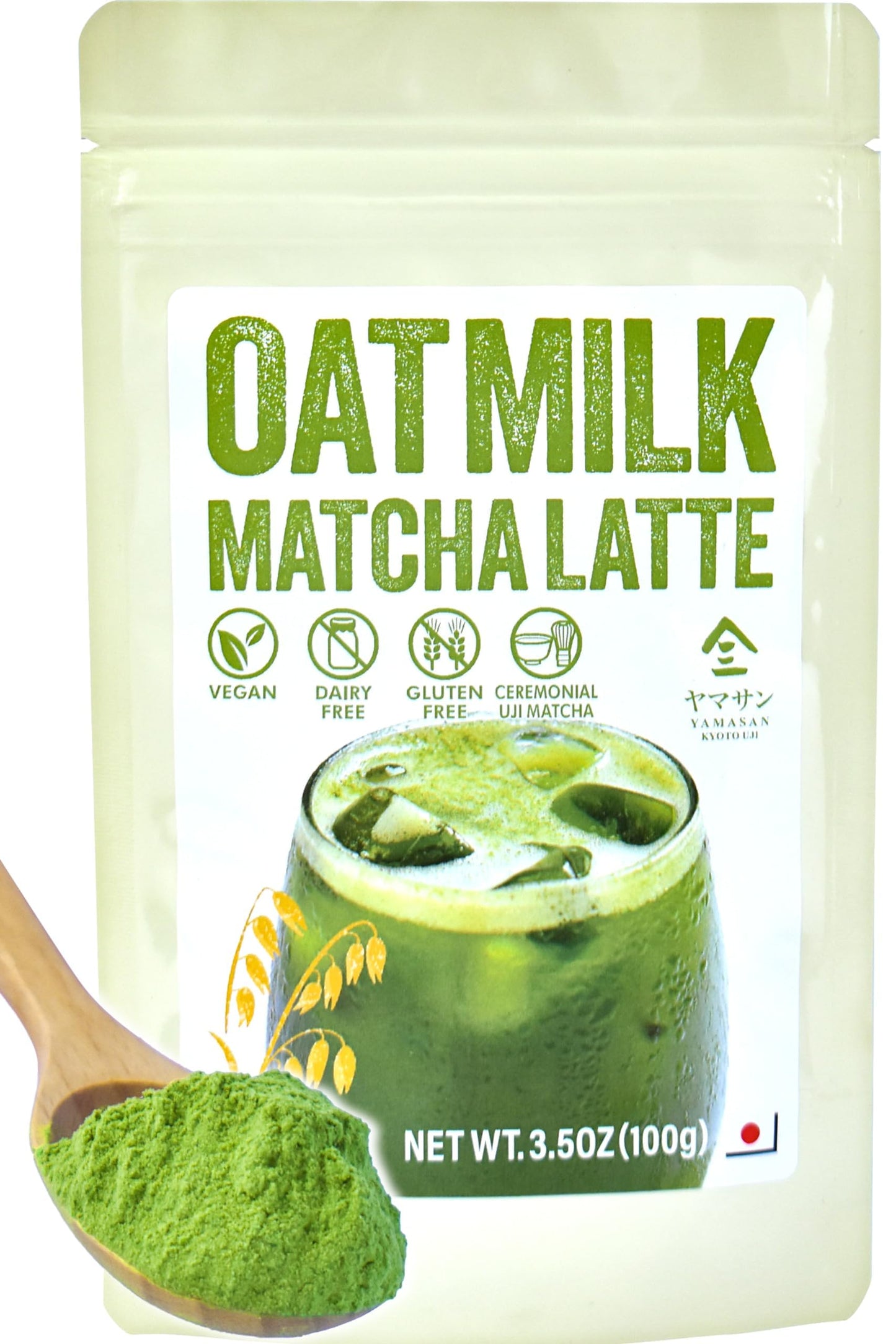 Yamasan Kyoto Uji Japanese Oat Milk Matcha Latte Uji Matcha Ceremonial Grade With Oat Milk Instant Latte Mix Dairy-Free 100% Plant Based Vegan Gluten-Free No Refined Sugar Made In Japan 3.5Oz(100G)