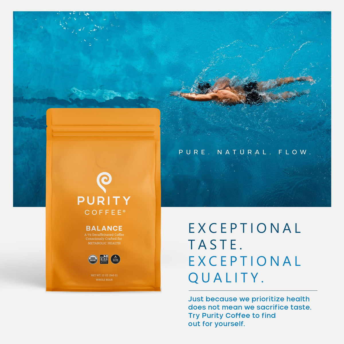 PURITY COFFEE BALANCE Decaf Medium Roast Ground Coffee, USDA Organic, 12oz Bag