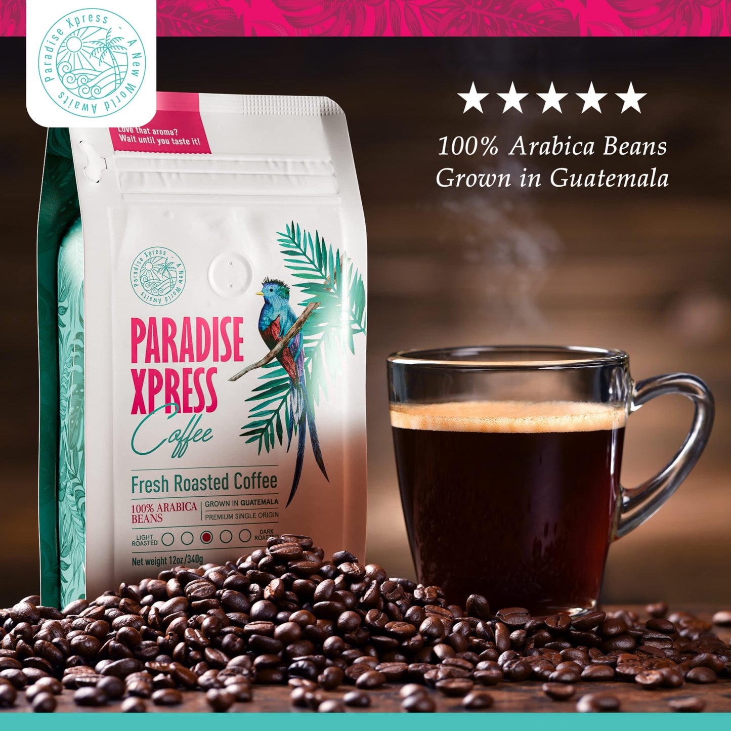 Paradise Xpress Low Acid Whole Coffee Beans, Medium Roast, 12 Ounce Pack