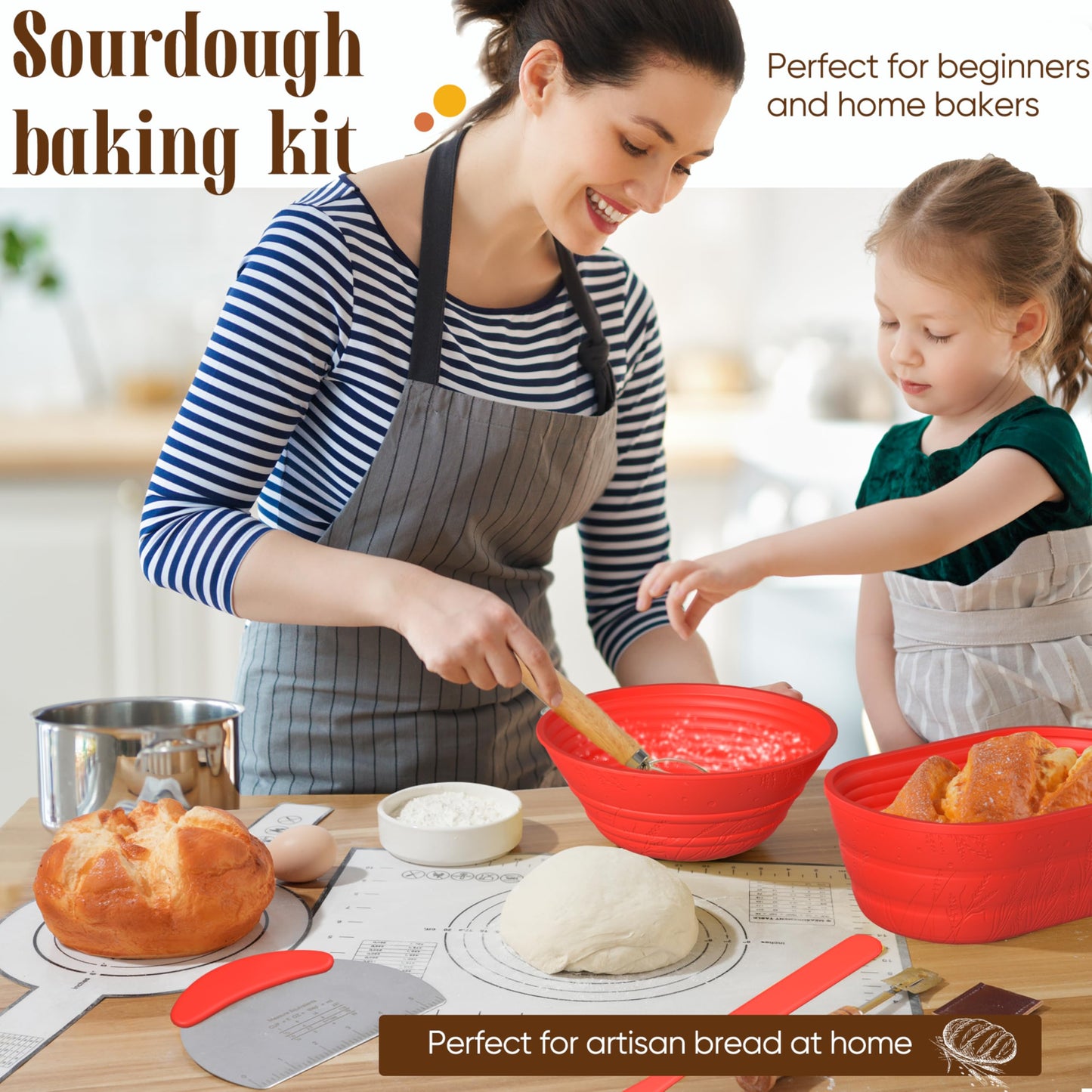 Sourdough Starter Kit With Jar - Complete Sourdough Bread Baking Supplies For Beginners, Includes 2 Silicone Proofing Baskets Ba