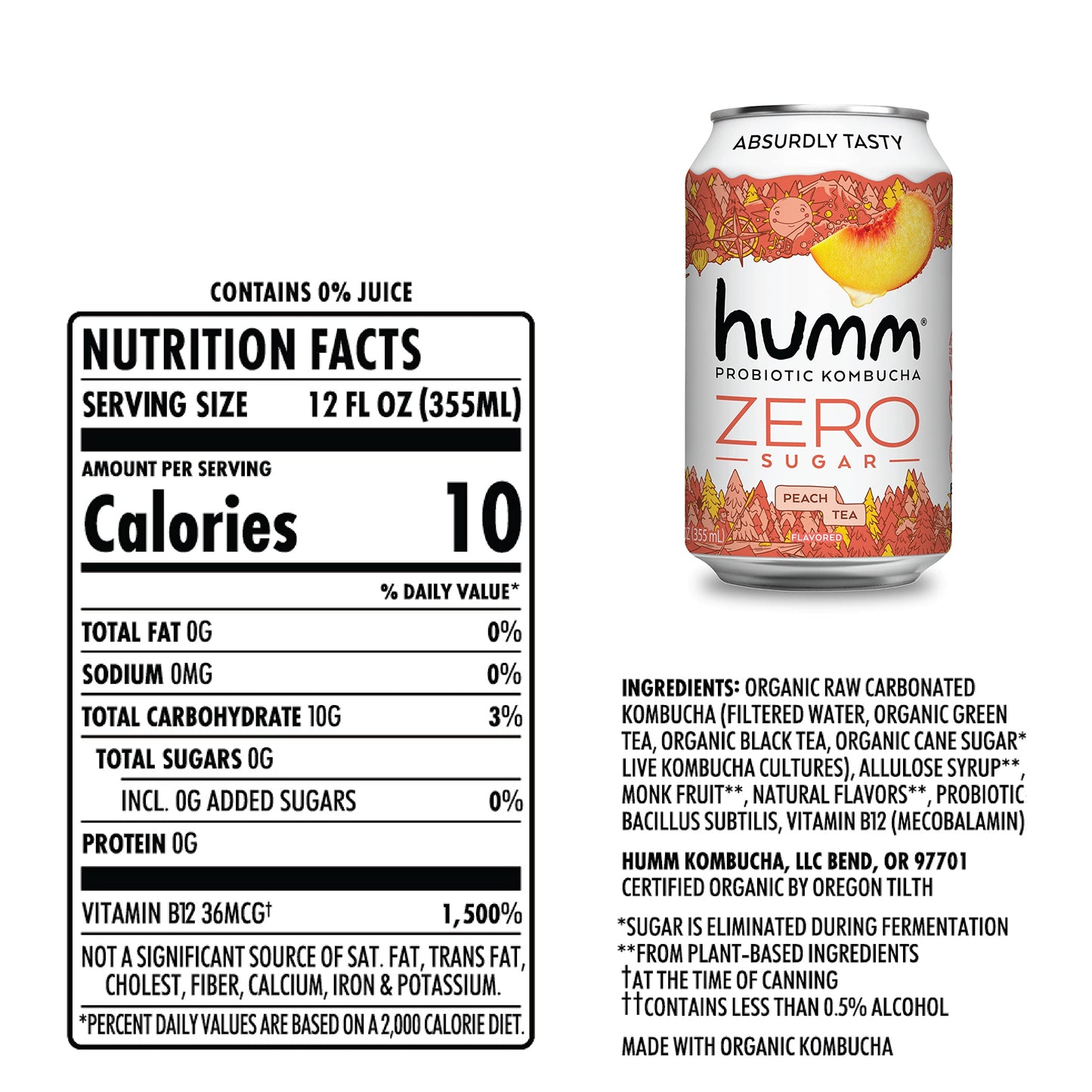 Humm Probiotic Kombucha Zero Sugar Peach Tea, No Refrigeration Needed, Keto Friendly, Organic, Vegan, Gluten Free, 12oz Cans (8