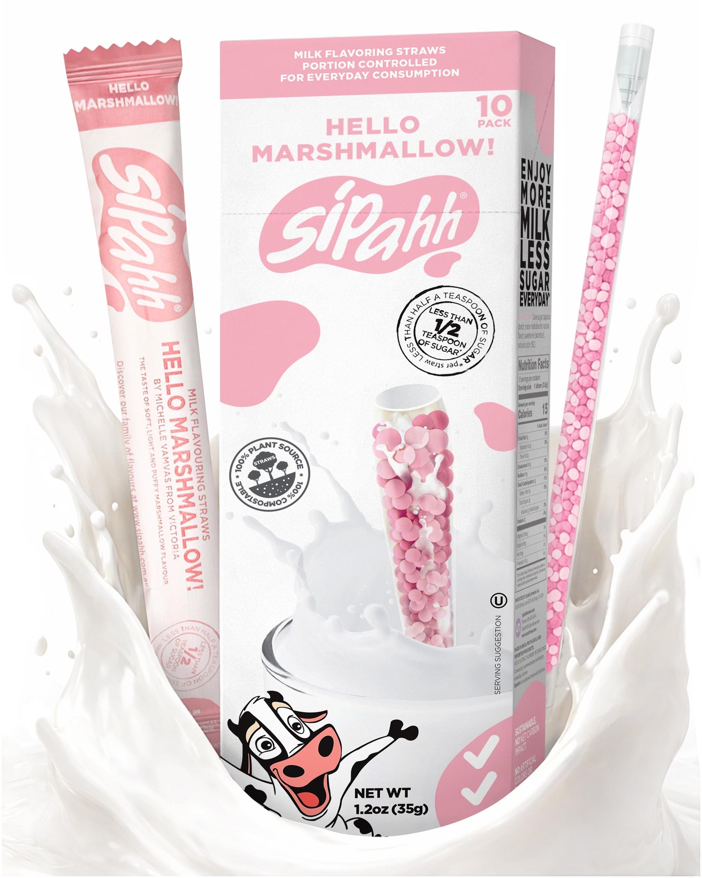 Sipahh Milk Flavoring Straws - Hello Marshmallow, 10 Pack - Marshmallow Milk Straws for Kids, Individually Wrapped