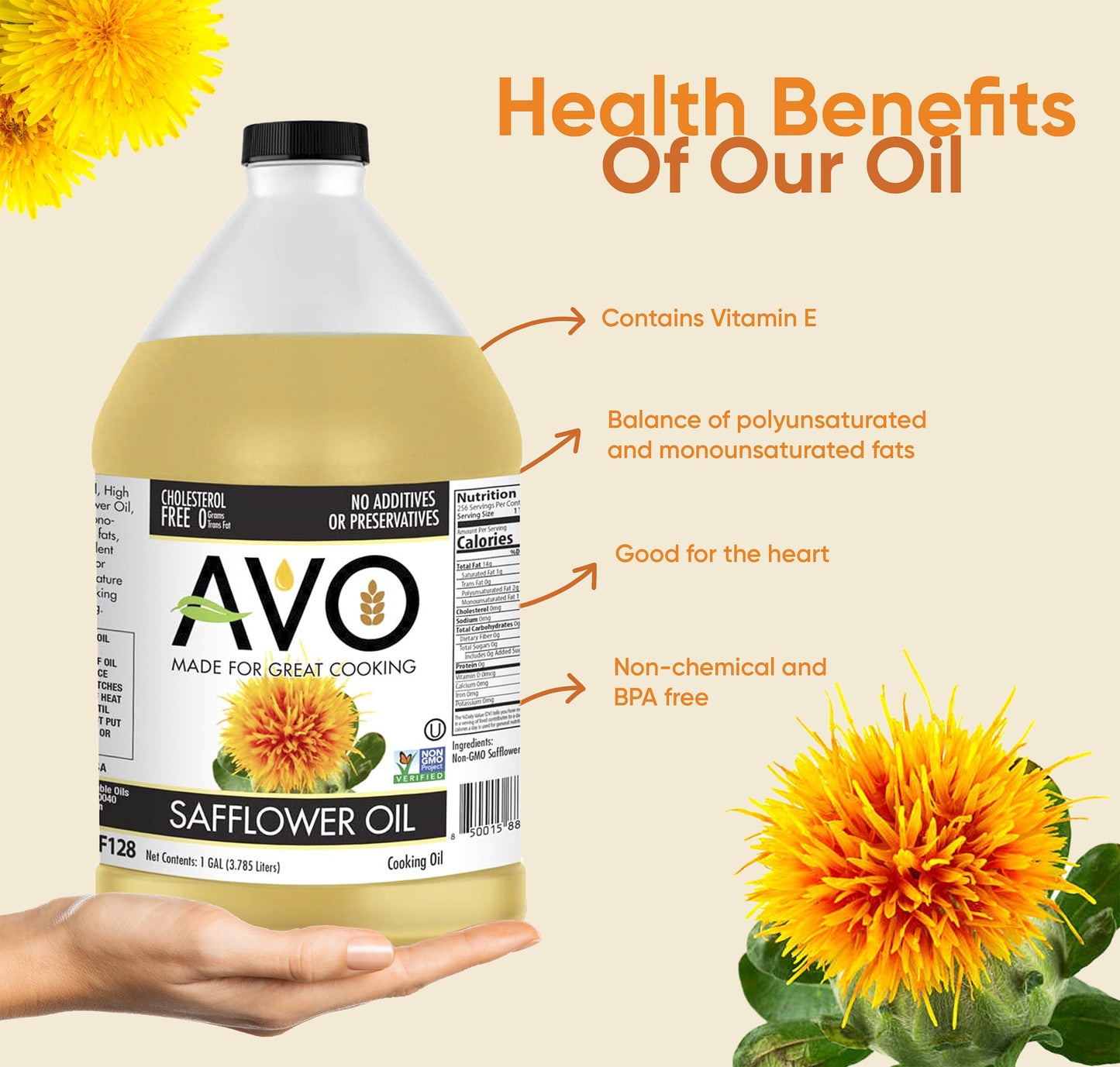 Avo Naturally Processed Non-Gmo High Oleic Safflower Oil, 1 Gallon