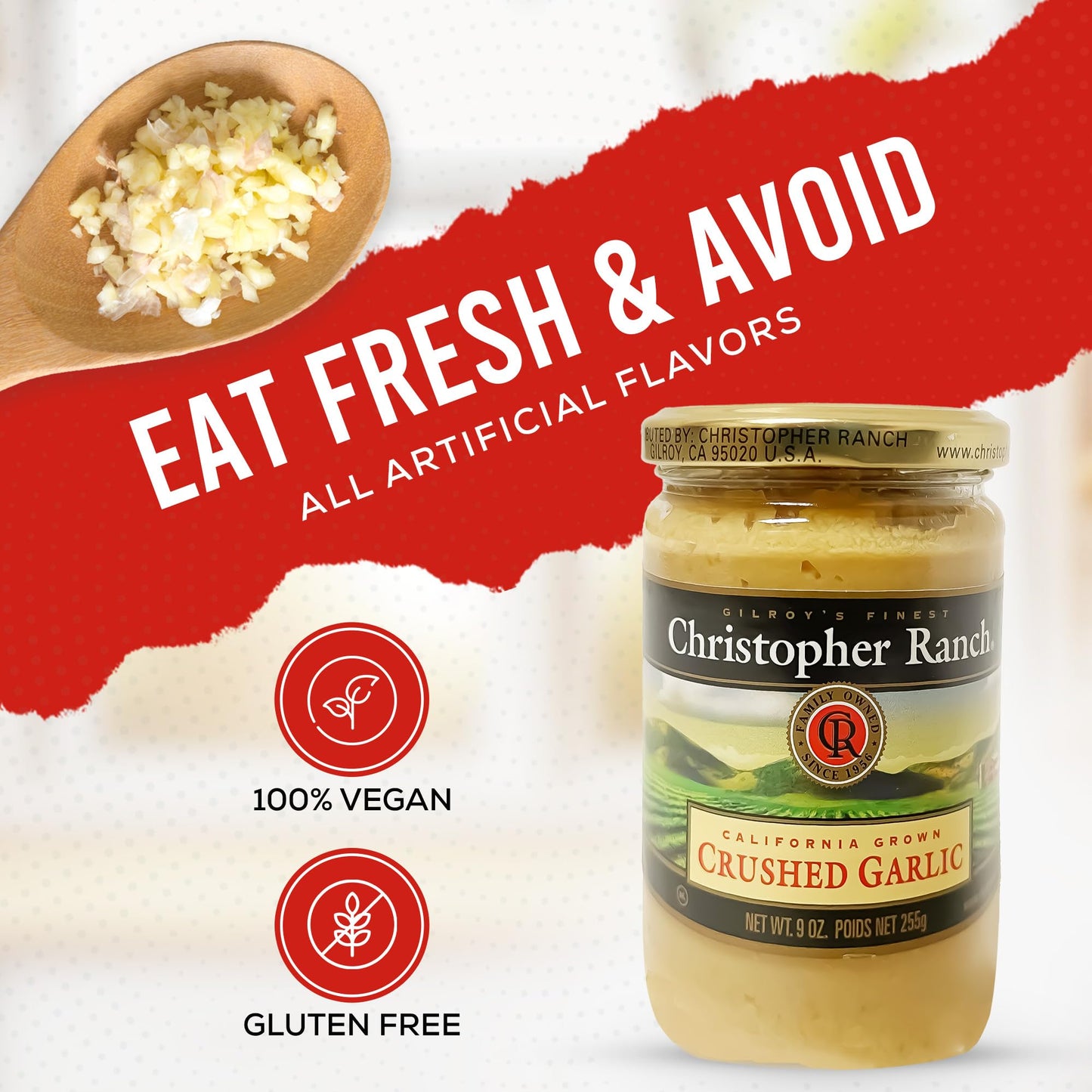 Christopher Ranch Crushed Garlic in Olive Oil, Gluten-Free, Vegan-Friendly, 9 Oz Jar