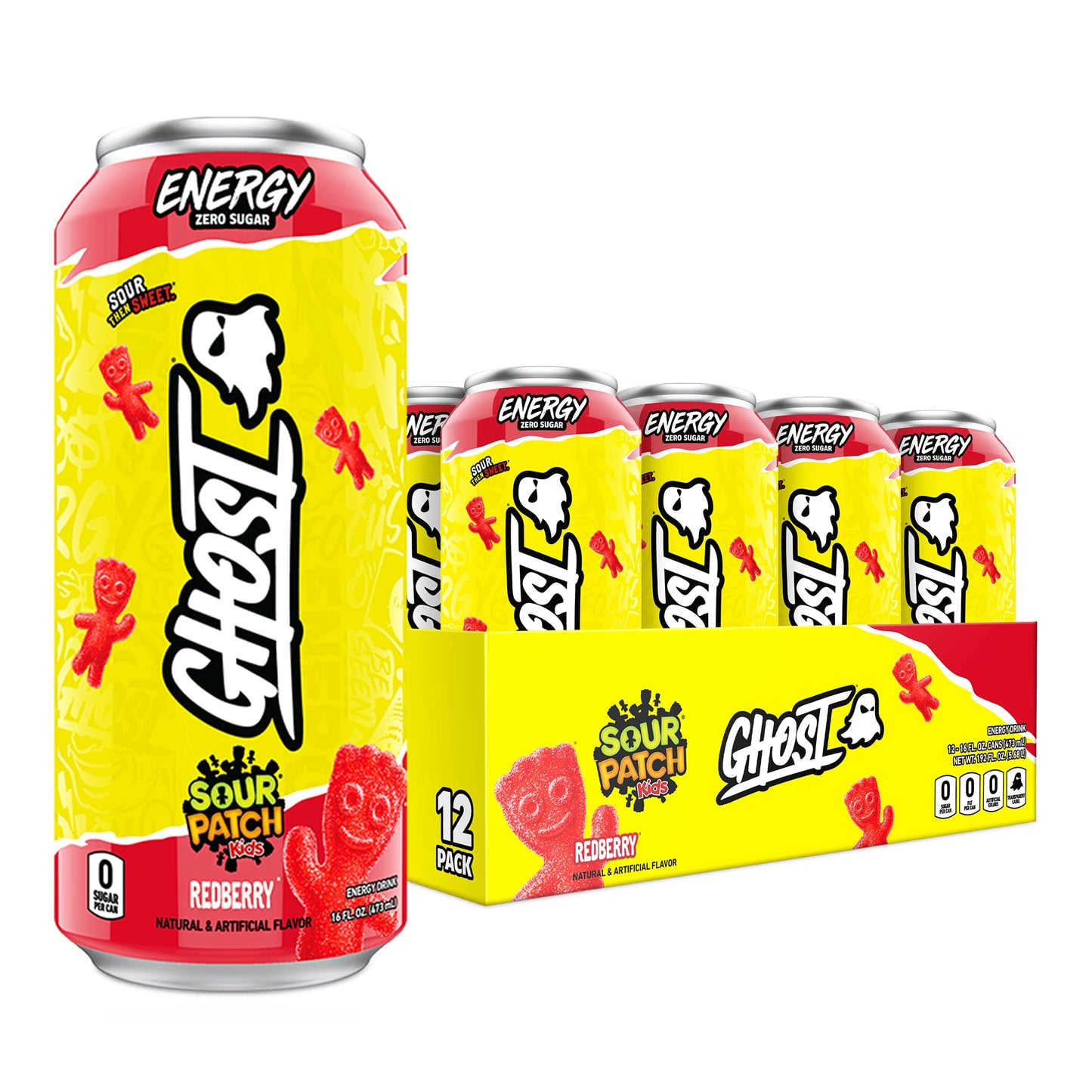 GHOST Energy Drink - 12-Pack Sour Patch Kids Redberry 16oz - Energy & Focus & No Artificial Colors - 200mg of Natural Caffeine L-Carnitine & Taurine - Gluten-Free & Vegan