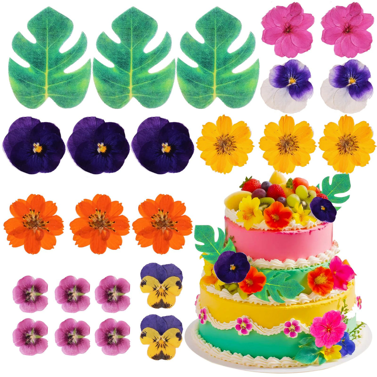 60 Pcs Real Edible Flower Tropical Cupcakes Cake Decoration Hibiscus Flowers Turtle Back Leaves Cartoon Birthday Cake Toppers -Hawaiian Series Theme Wedding Party Mixed Flavors