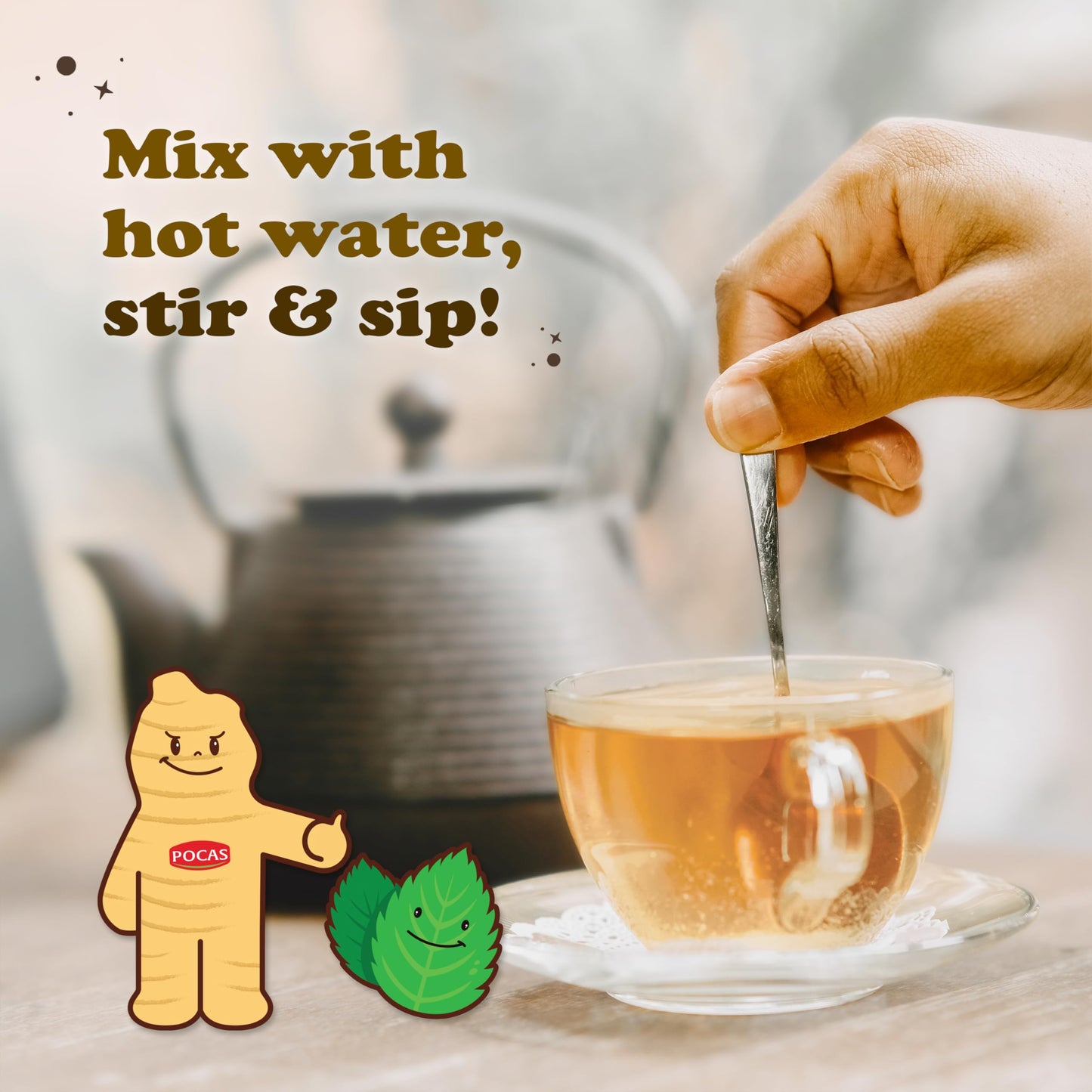 Pocas Honey Ginger Instant Tea Powder, Mint Flavor, Caffeine-Free, 20 Packets