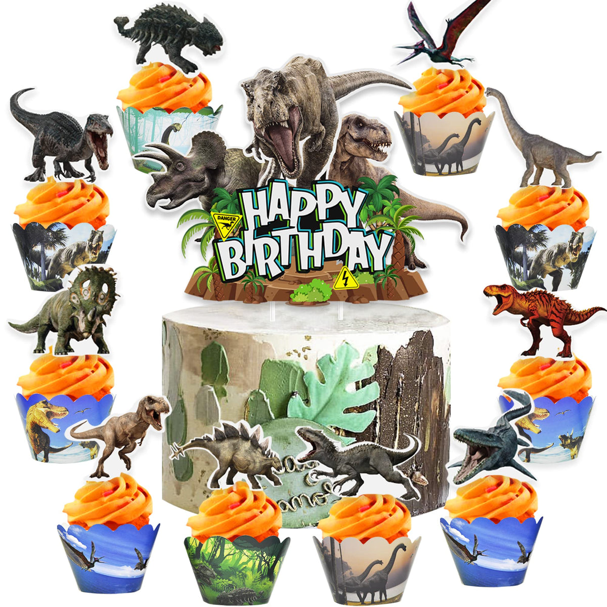 Dinosaur Cake Toppers & Decorations - 49 Pcs Cupcake Wrappers Baby Shower & Kids Party Supplies