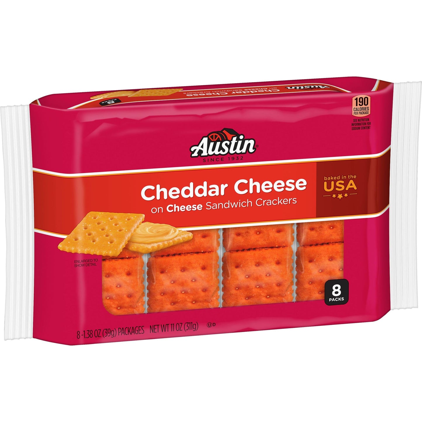 Austin Cheddar Cheese Flavored Sandwich Crackers, Lunch Snacks, 11oz Tray (8 Packs)
