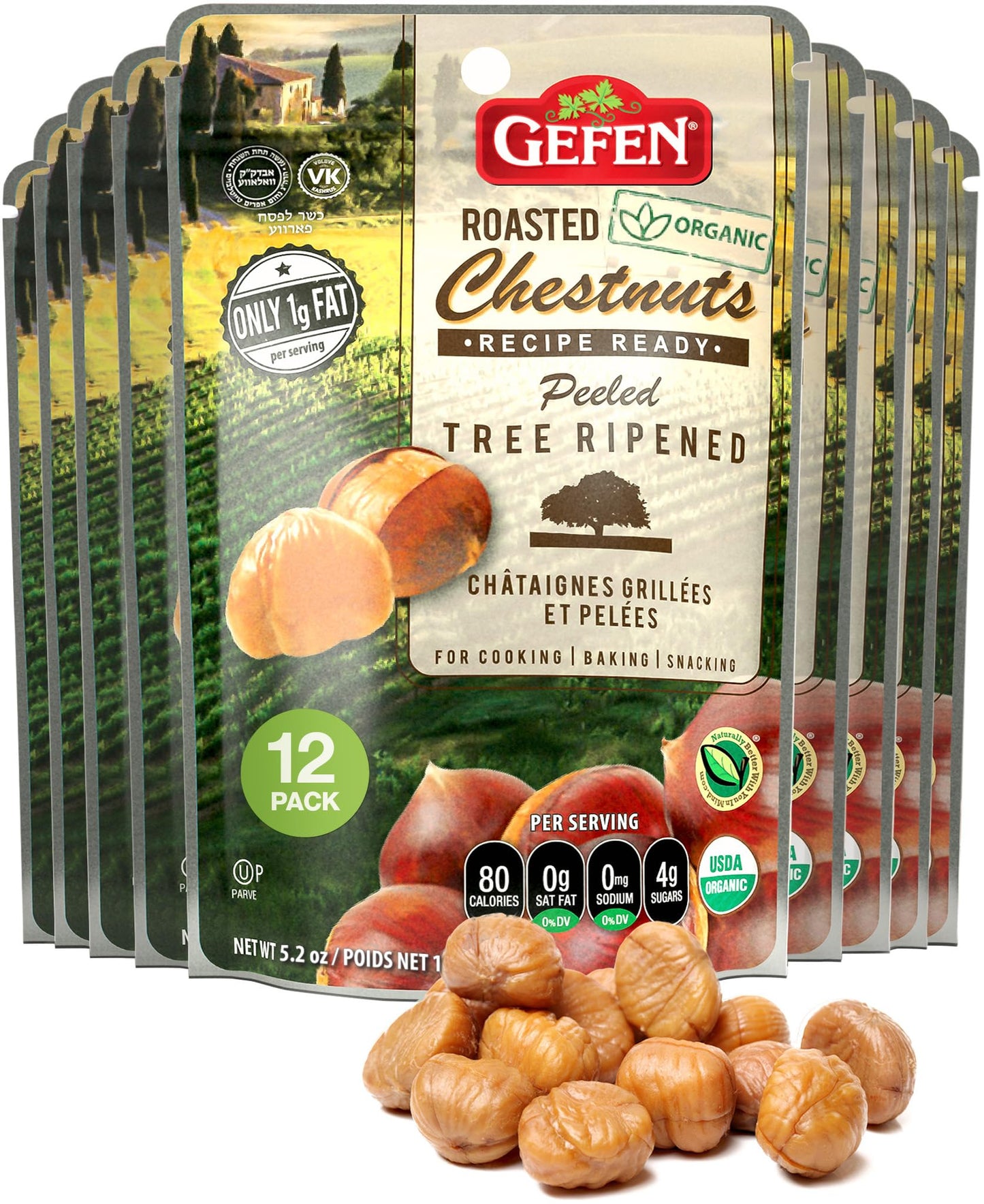 Gefen Organic Whole Peeled and Roasted Chestnuts, 5.2oz (12 Pack) | Chestnuts Peeled and Ready to Eat | Great for Cooking & Baki