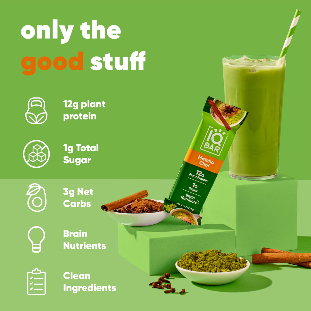 IQBAR Brain and Body Plant Protein Bars - Matcha Chai - 24 Count, Low Carb, High Fiber, Gluten Free, Healthy Vegan Snacks - Low