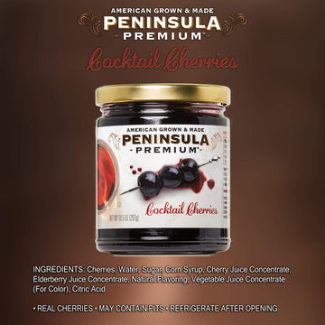 PENINSULA PREMIUM Cocktail Cherries - Gourmet, Sweet-Tart Flavor, 10.5 Ounce, Deep Bur dy-Red, Silky Smooth Syrup
