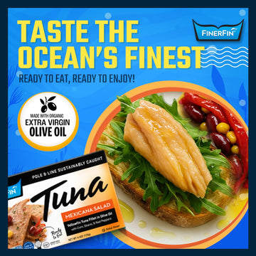FinerFin Yellowfin Tuna in Organic Olive Oil, Mexicana Salad Flavor, 4.4oz Can, Pack of 6, Gourmet Ready-to-Eat Wild-Caught Fish