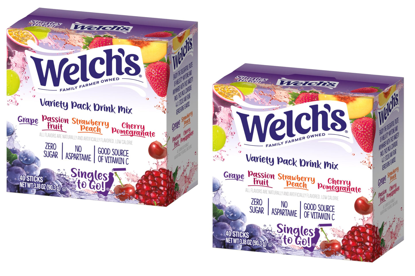 Singles To Go! WelchS Powdered Drink Mix Variety Pack - 40Ct 4 Delicious Flavor In Each Box Grape Passionfruit Strawberry Peach And Cherry Pomegranate (Pack Of 2)