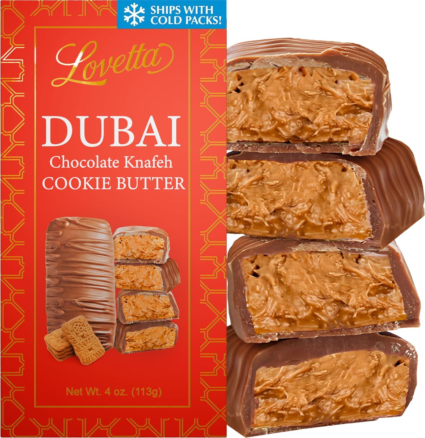 Lovetta Dubai Chocolate Bar Cookie Butter Knafeh - Stylish Rich Milk Chocolate Individually Wrapped Fresh Top-Grade Cookie Butter Cream Kataifi Filling (1 Pack)