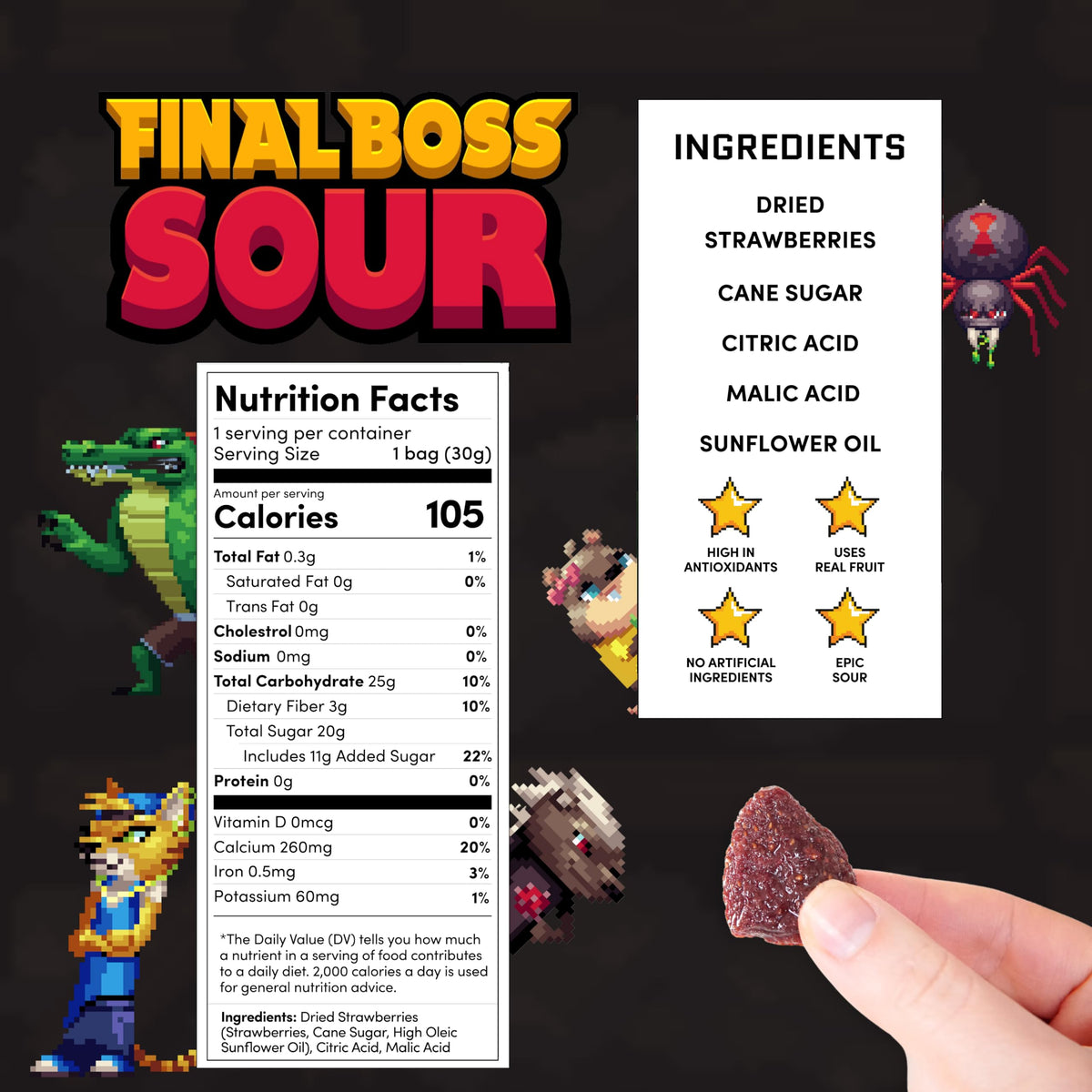 FINAL BOSS Holiday Sour Candy, Sour Strawberries, Fruit Chews with Real Dried Fruit, 10 Pack, Low Calorie Snack