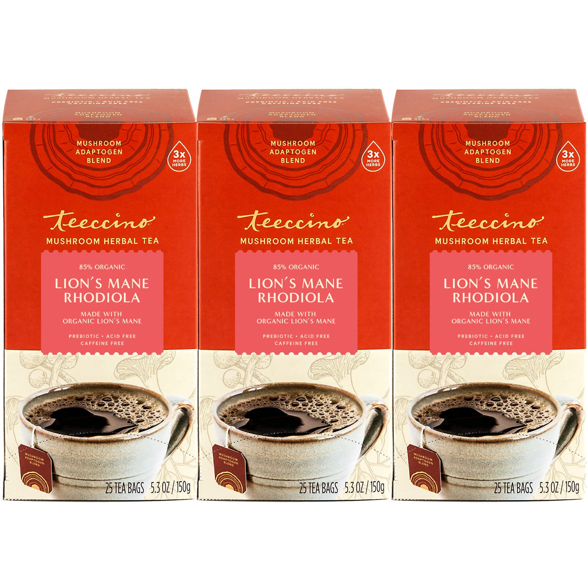 Teeccino Lions Mane Rhodiola Tea - Rose - Energy Blend-Free Mushroom Adaptogenic Herbal Tea 3X More Herbs Than Regular Tea Bags Lightly Sweet From Dates & Figs Chicory Prebiotic - 25 Tea Bags (Pack Of 3)