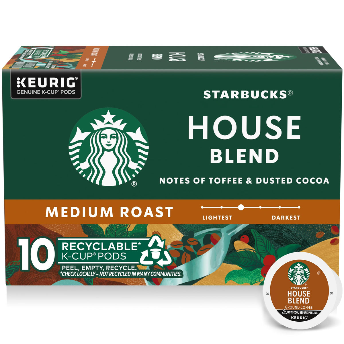 Starbucks K-Cup Coffee Pods Medium Roast Coffee House Blend 100% Arabica 1 Box (10 Pods)