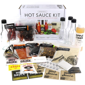 enhanced Hot Sauce Making Kit 5 Varieties of Peppers Jalapeno Habanero Gourmet Spice Blend 4 Bottles Fun Labels Make your own hot sauce DIY Gift for Dad (enhanced Kit)