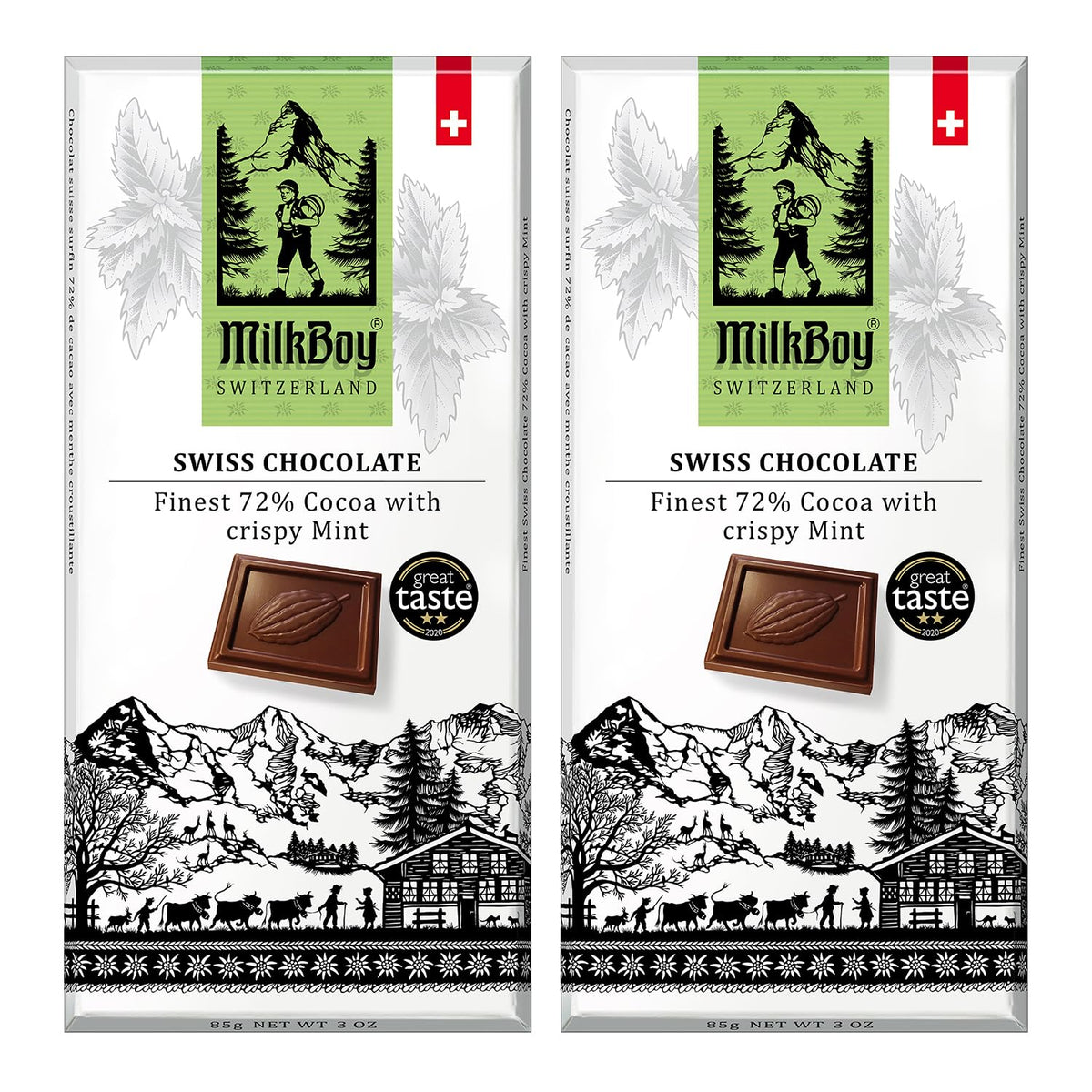 Milkboy Swiss Chocolates Crispy Mint Dark Chocolates - All Natural 72% Cocoa Bars - Made In Switzerland - Dairy Free - Vegan - Gluten Free - Non-Gmo - Kosher - 3 Oz Pack 2