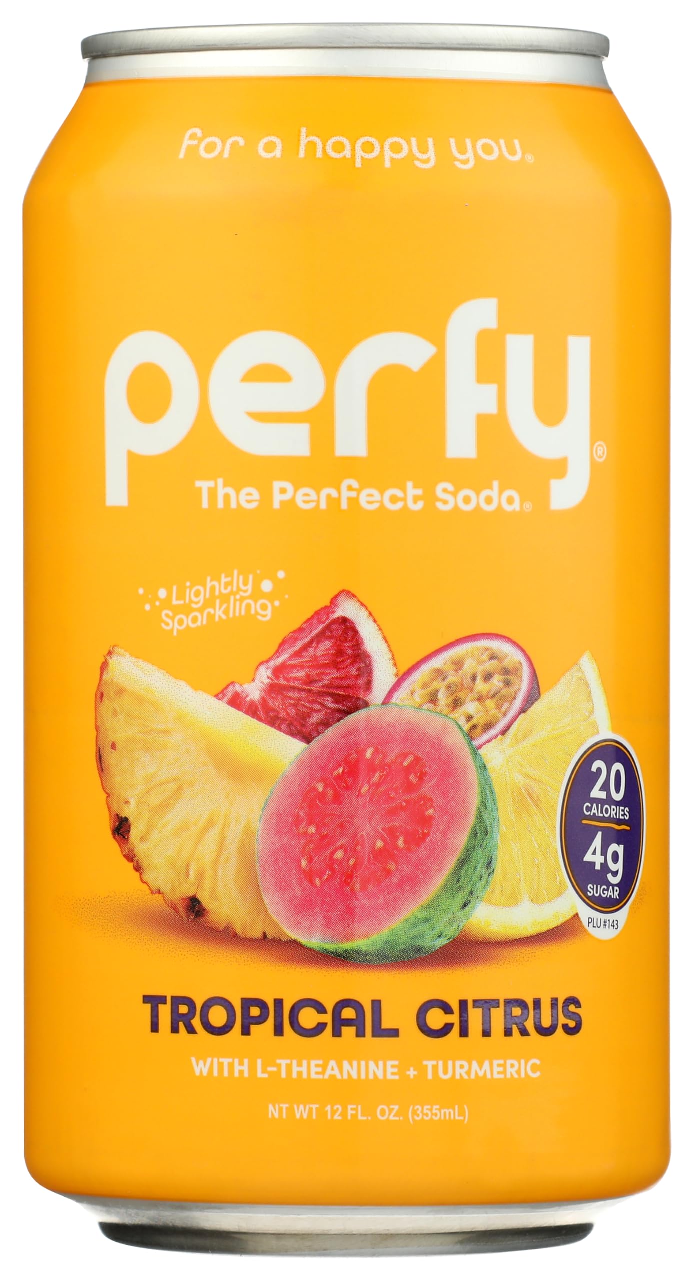 Perfy Soda Superfood Nootropic Soft Drink | Low Sugar Low Carb Gluten Free Energy Blend Free Keto Soda | All Natural Soft Drink Made With Real Fruit Juice L-Theanine & Turmeric | 12 Pack (Tropical Citrus)