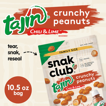 Snak Club Tajin Crunchy Peanuts, Nuts with Chili and Lime Seasoning, Mild, No Artificial Colors or Flavors, 10.5 oz Resealable B