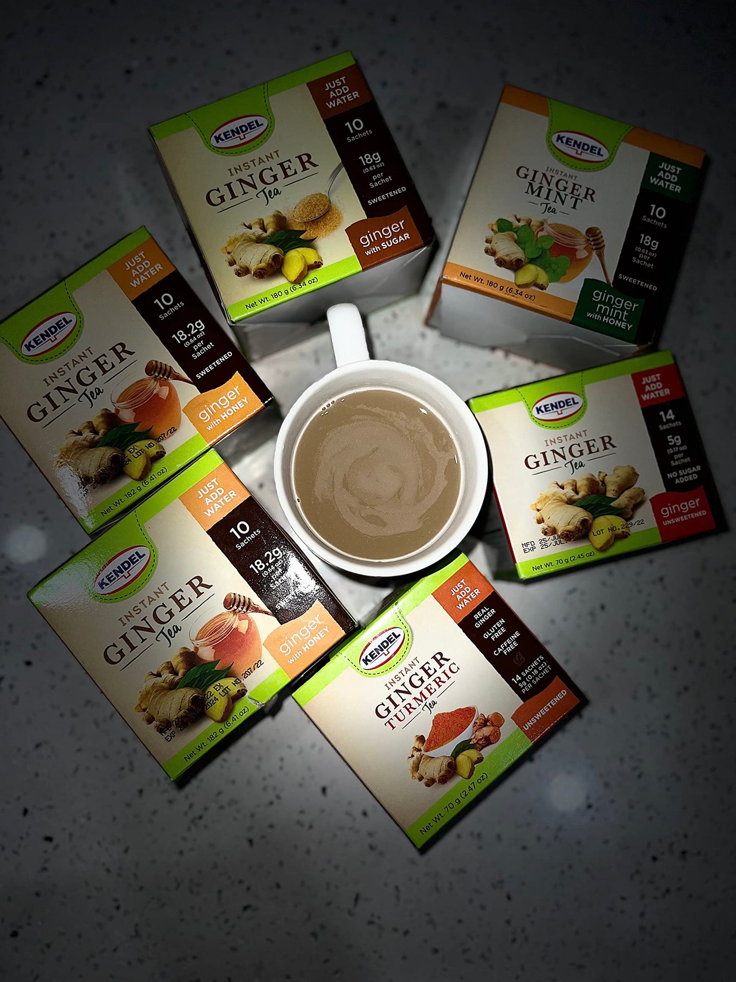 Kendel Instant Ginger Tea, Ginger-Tumeric Unsweetened, Caffeine Free, Non-GMO, 14 Tea Bags