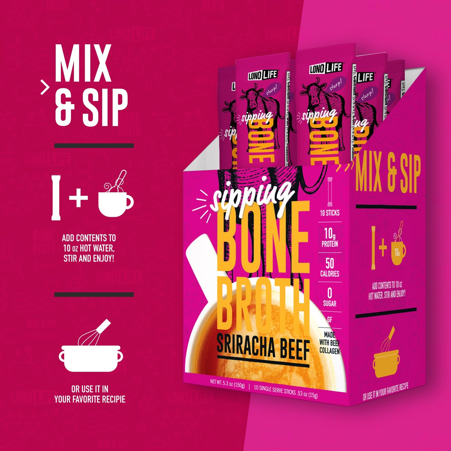 Lonolife Sriracha Beef Bone Broth Powder Mix | Grass-Fed, 10G Protein | Collagen-Rich, Keto & Paleo Friendly | Natural Ingredien