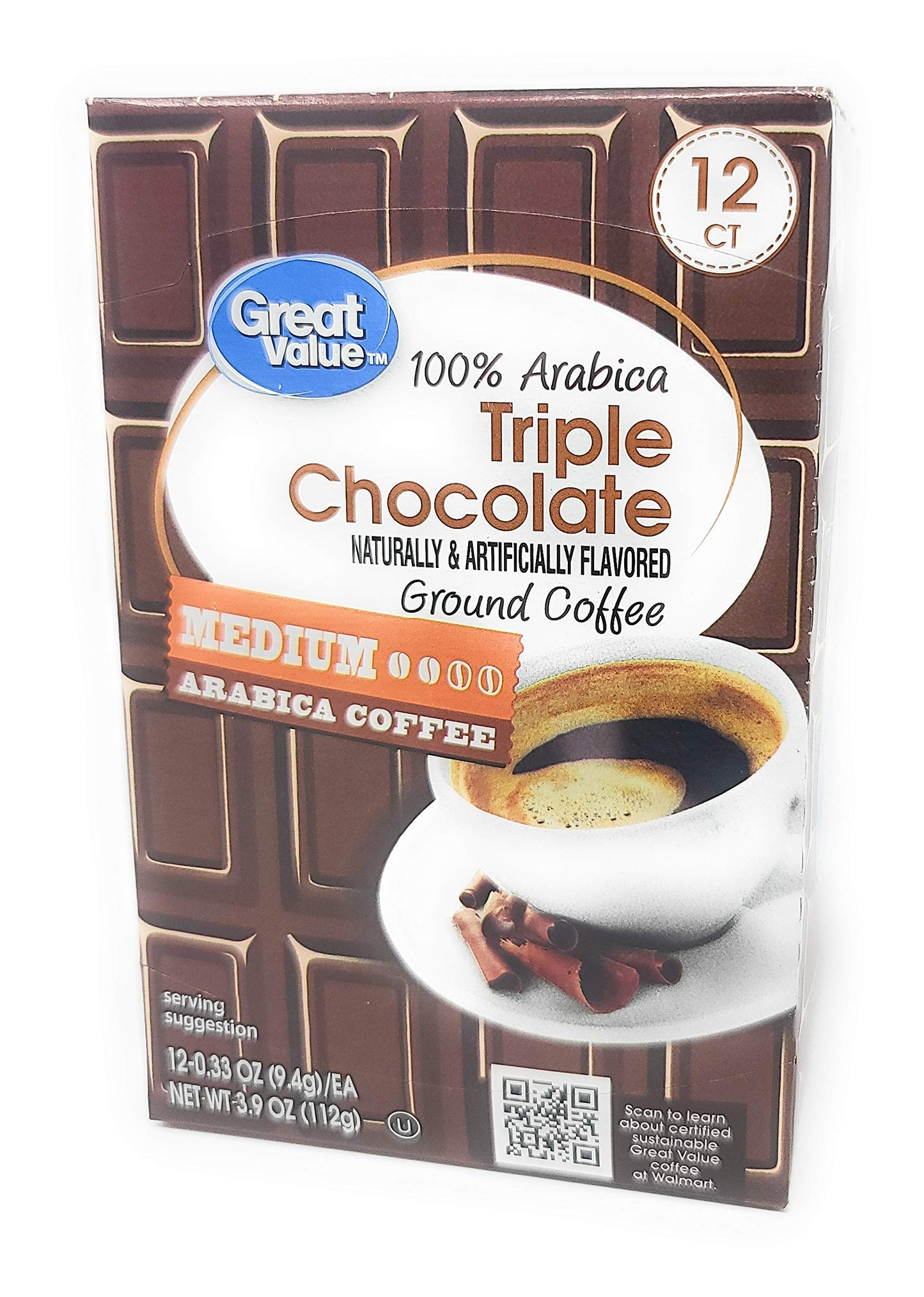 Great Value 100 Arabica Triple Chocolate Naturally & Artificially Flavored Ground Coffee 12 Counts - 3.9 Oz (112G) - Medium Arabica Coffee 0.33 Ounce (Pack Of 12)