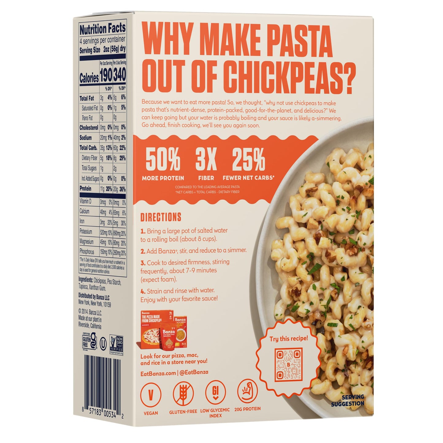 Banza Cavatappi Pasta from Chickpeas - Gluten Free High Protein and Lower Carb Protein Cavatappi Chickpea Pasta - 8oz