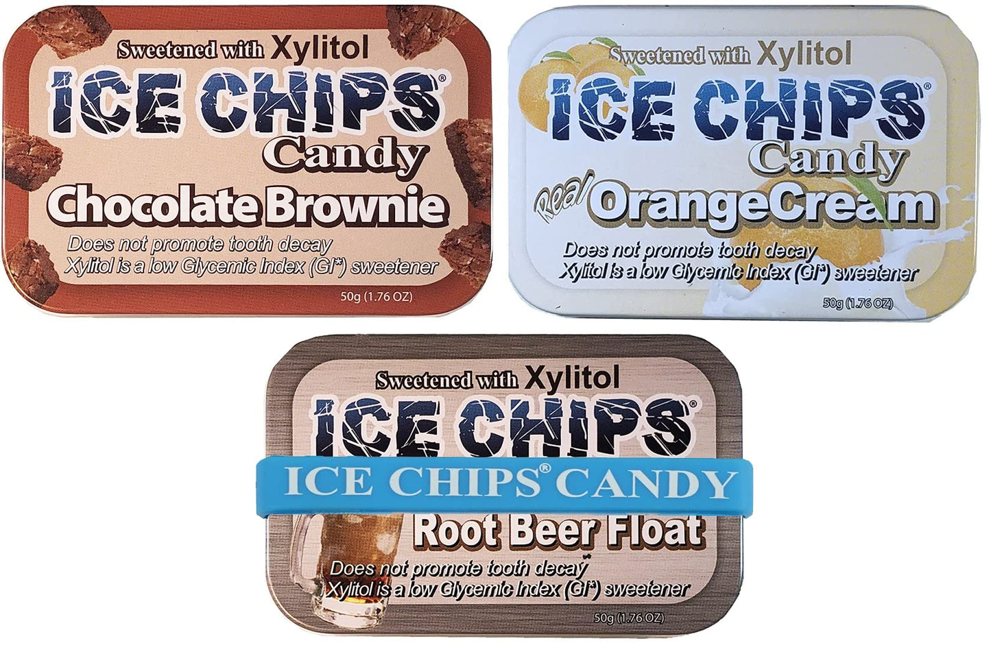 Ice Chips Candy 3 Pack Assortment (Chocolate Brownie Orange Cream Root Malt Drink Float)