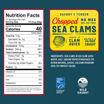 Snows Chopped Sea Clams in Clam Juice 51 oz Can - enhanced Grade Wild Caught Gourmet Surf Clams - 7g Protein Per Serving - Gluten Free Keto Friendly 99% Fat Free