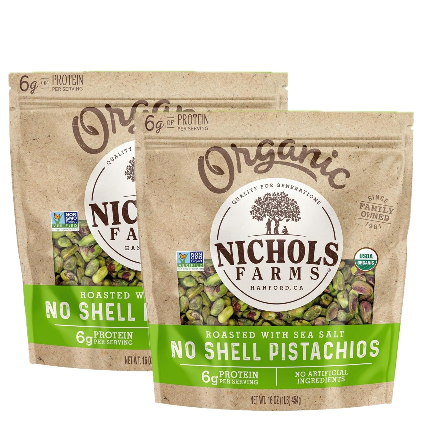 Nichols Farms Organic No Shell California Pistachios, Roasted with Sea Salt, 1LB (Pack of 2)