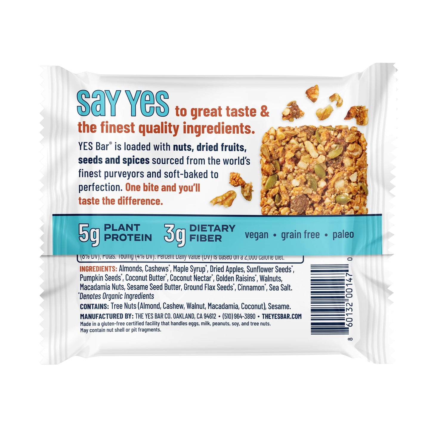 The YES Bar Apple Cinnamon Crisp - Plant Based Protein Snack Bar, Vegan, Gluten Free, Low Sugar, 1.4 oz, Light Brown