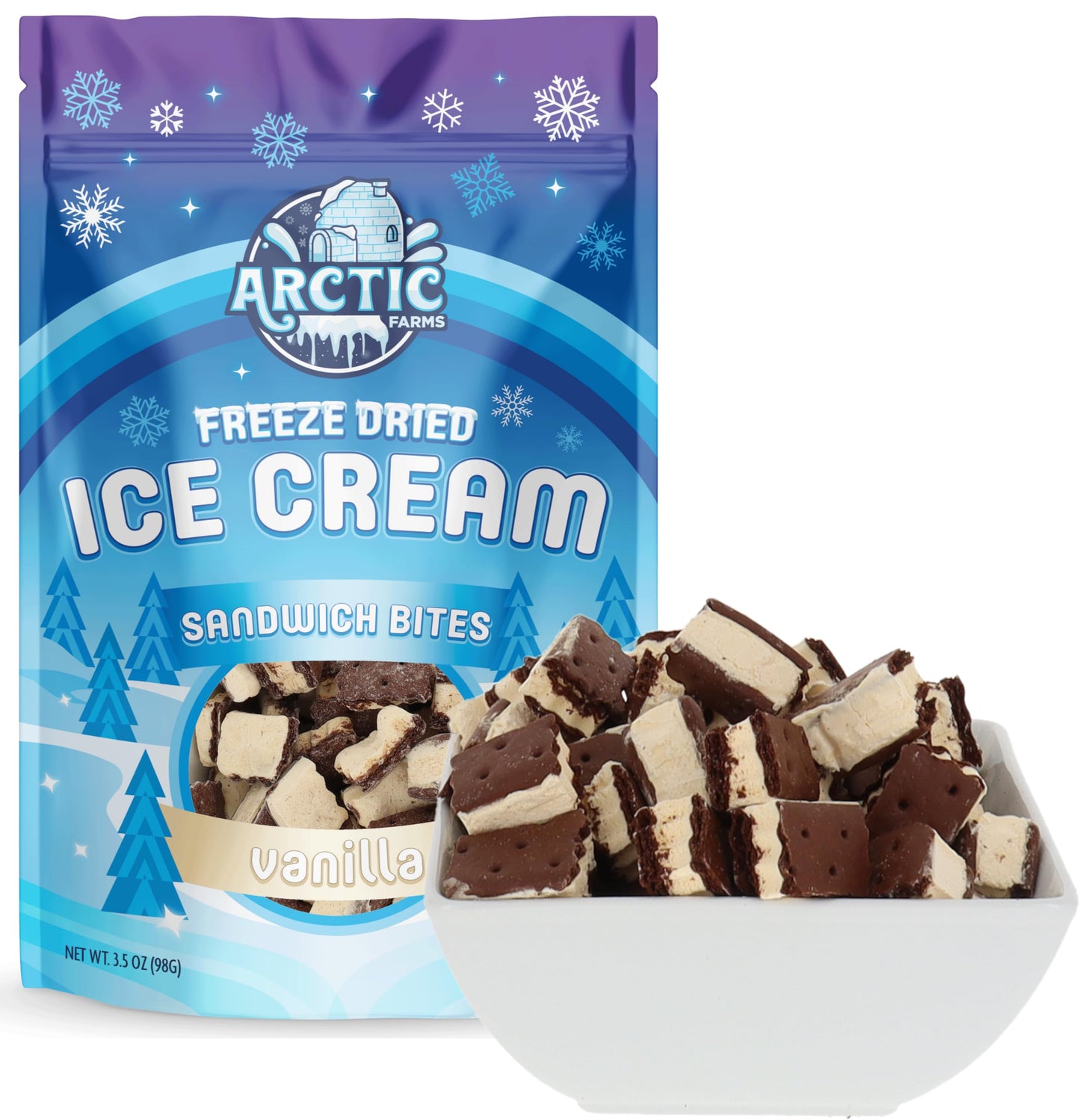 Arctic Farms Freeze Dried Ice Cream Sandwich Bites Bagged and Boxed - Does Not Melt (Vanilla, 3.5oz)