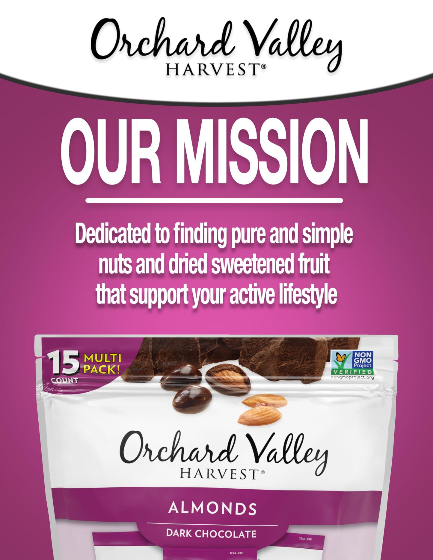 Orchard Valley Harvest Dark Chocolate Almonds, Gluten Free, Non-GMO, 1 Ounce Bags, Pack of 15, No Artificial Ingredients