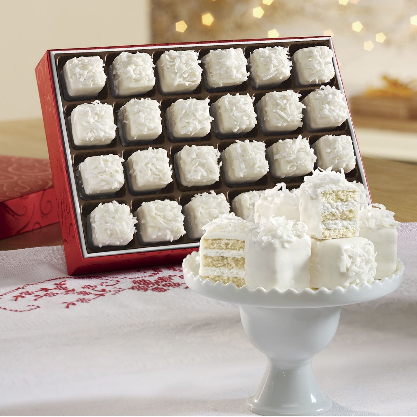 The Swiss Colony Coconut Petits Fours - Gourmet Mini Layer Cakes with Coconut Creme and Swiss Creme Icing Holiday Cake Assortment Gift Pack of 24 Petits Fours Cakes for Dessert and Celebrating